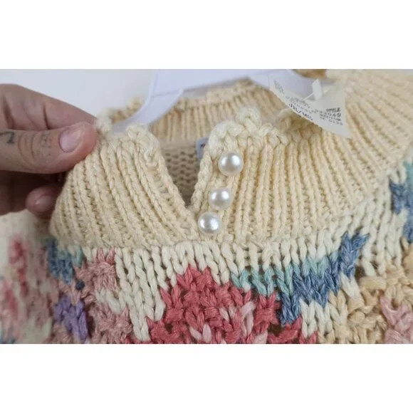 Deadstock Vintage 90s Streetwear Womens Medium Hand Knit Flower Floral Sweater - Picture 4 of 15